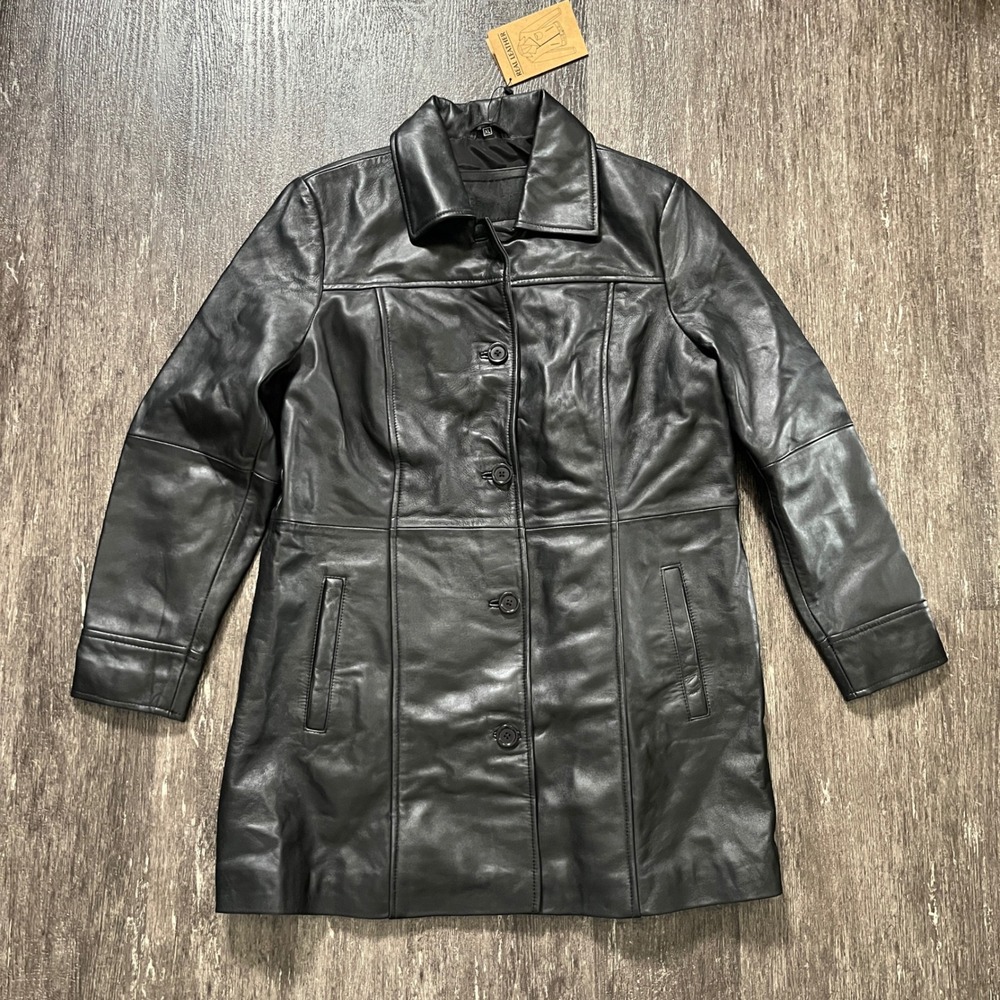 Kandis Woman Coat Black Real Leather Jacket Button Front Lined XL